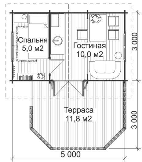 Летний домик Д-1 3,0 х 5,0 с открытой террасой