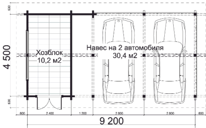 Хозблок с навесом для 2-х автомобилей И-27 4,5 х 9,2