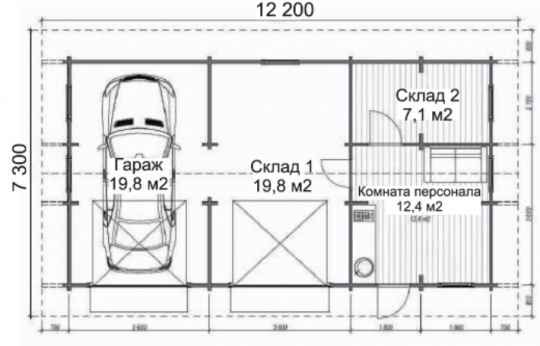 Гараж с хозблоком ГР-И13 (12,2 х 7,3)